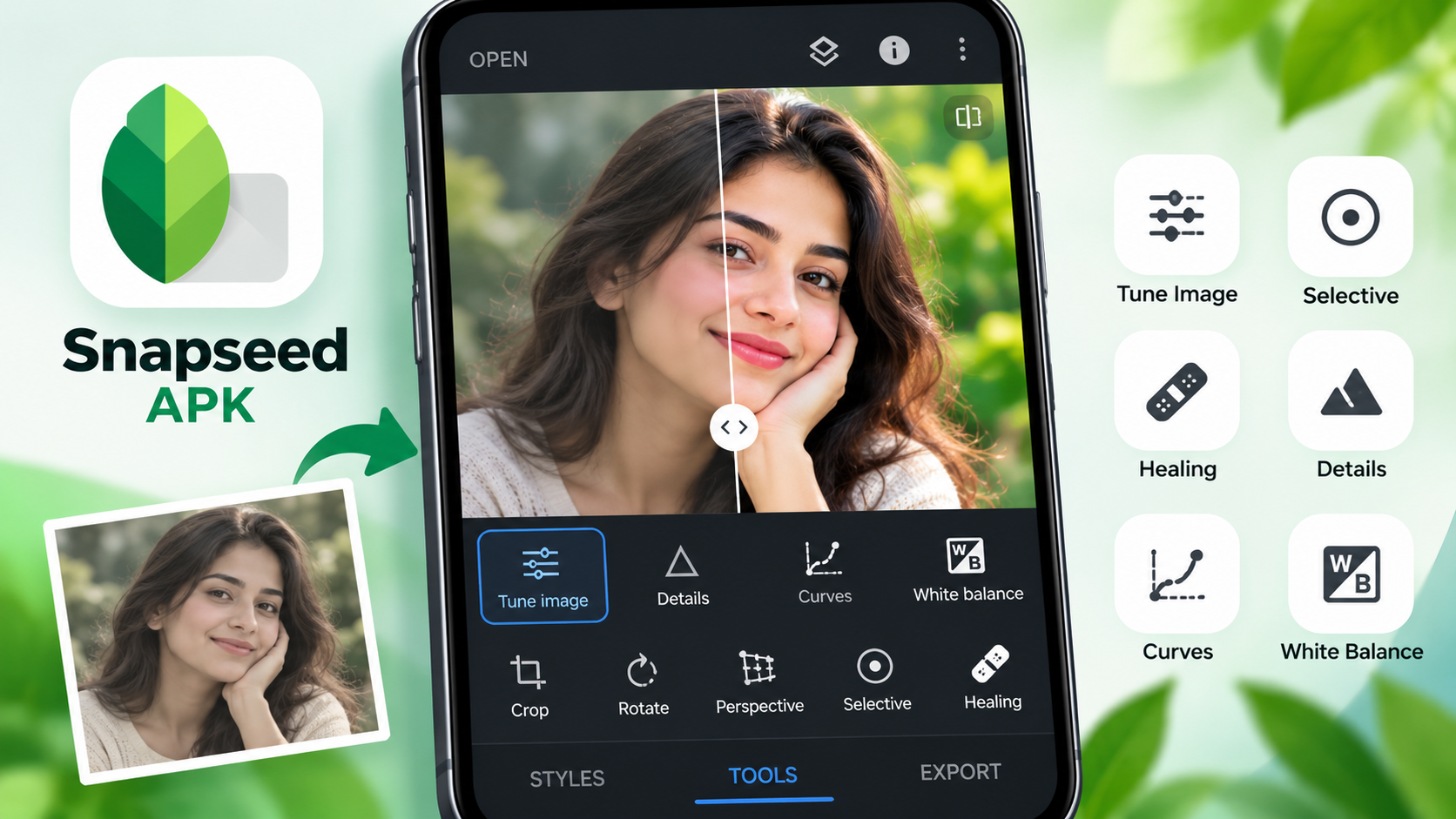 Snapseed editing tools on a phone